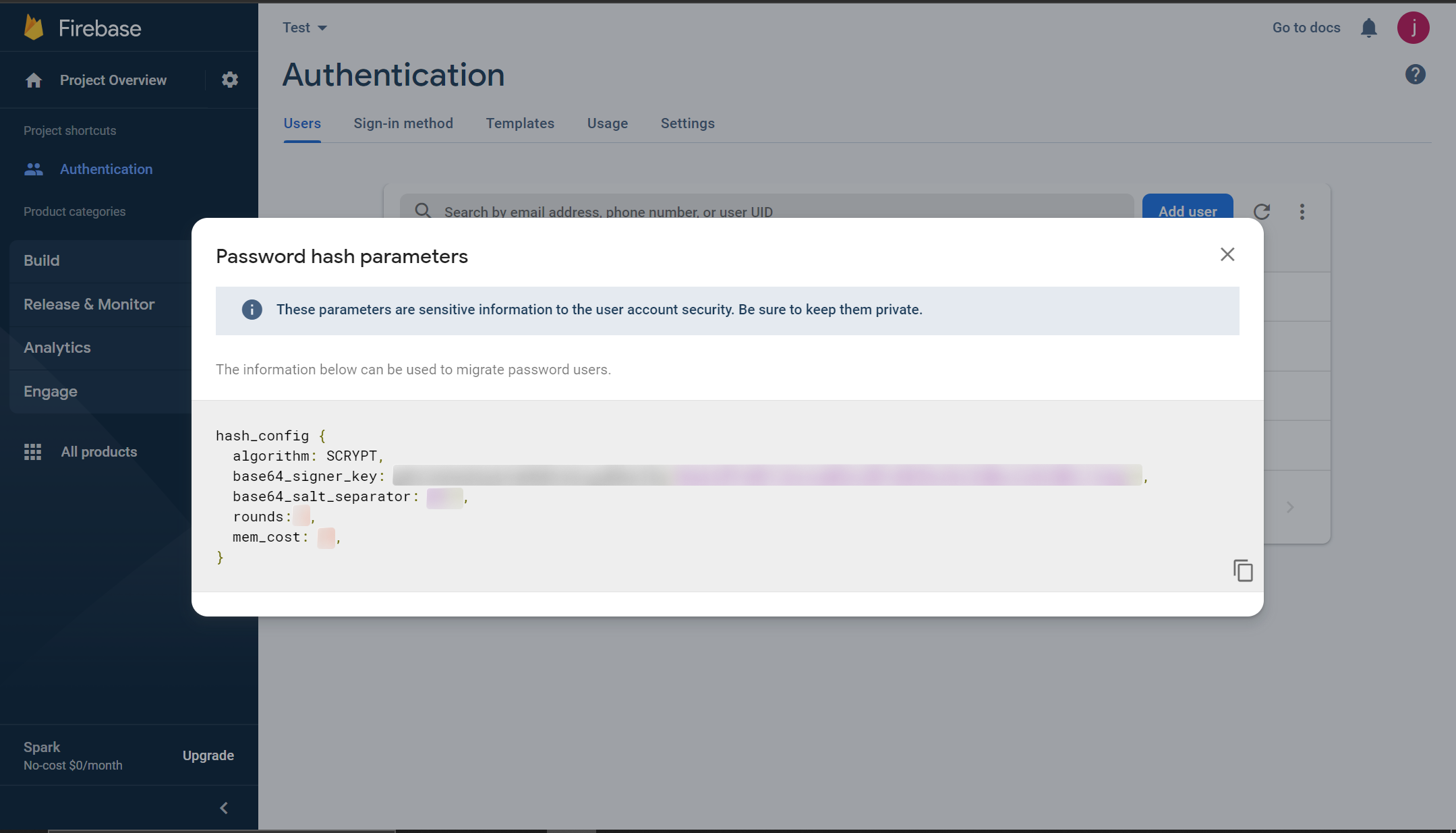 Firebase password hashing details modal